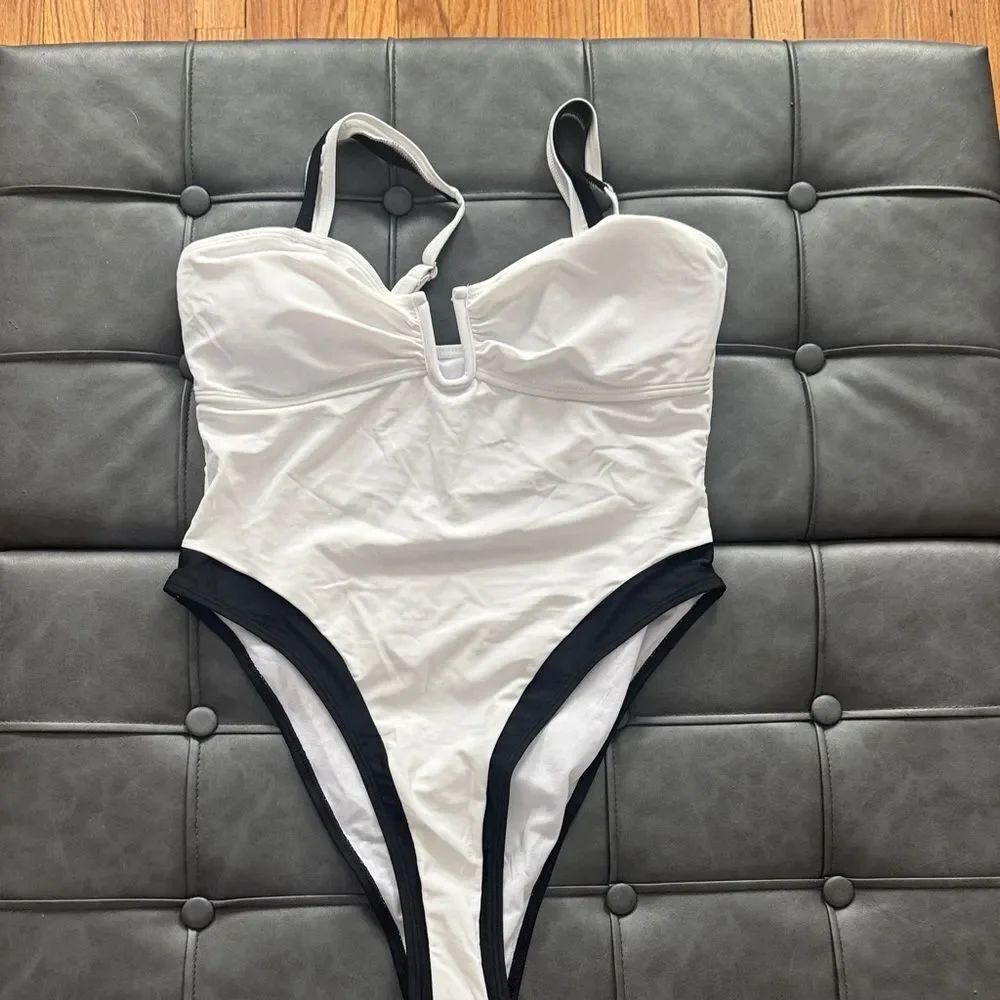 White One-Piece Swimsuit with Black Trim